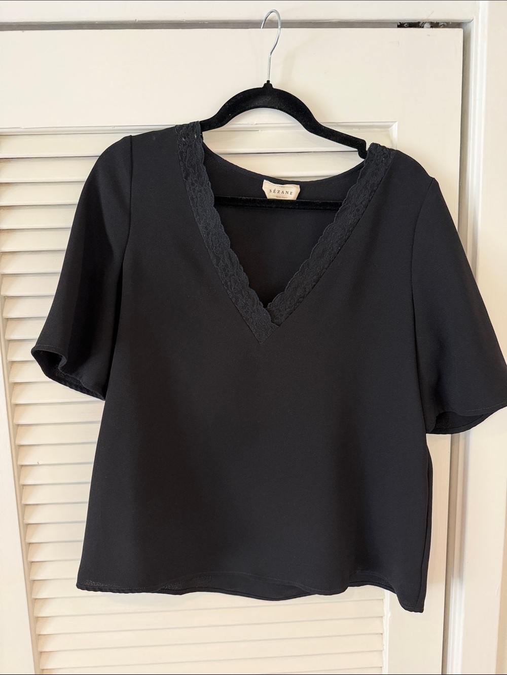 Sezane Black V-Neck Lace Trim Blouse